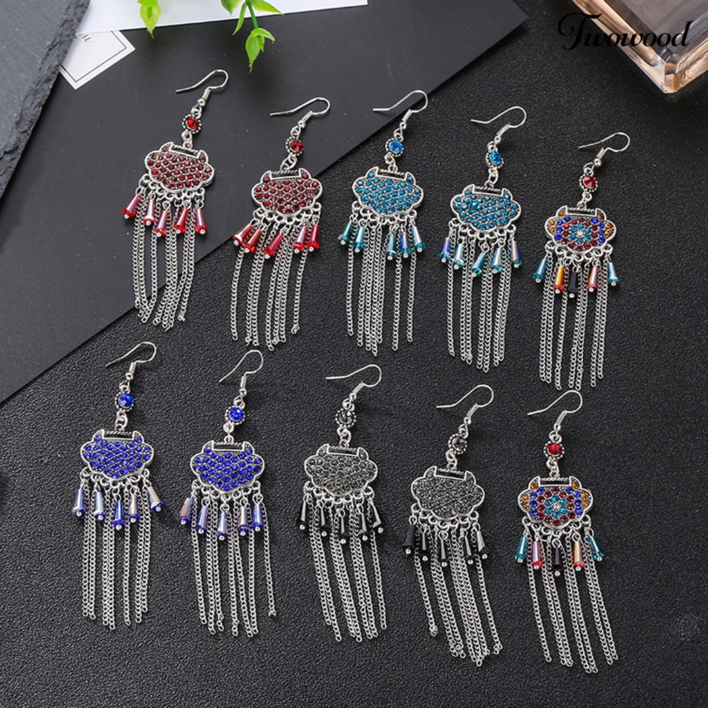 Twowood 2Pcs Menjuntai Anting-Anting Semua Pertandingan Klasik Vintage Retro Gaun Panjang Paduan Panjang Umur Kunci Berlian Imitasi Bertatahkan Lady Earrings Hadiah