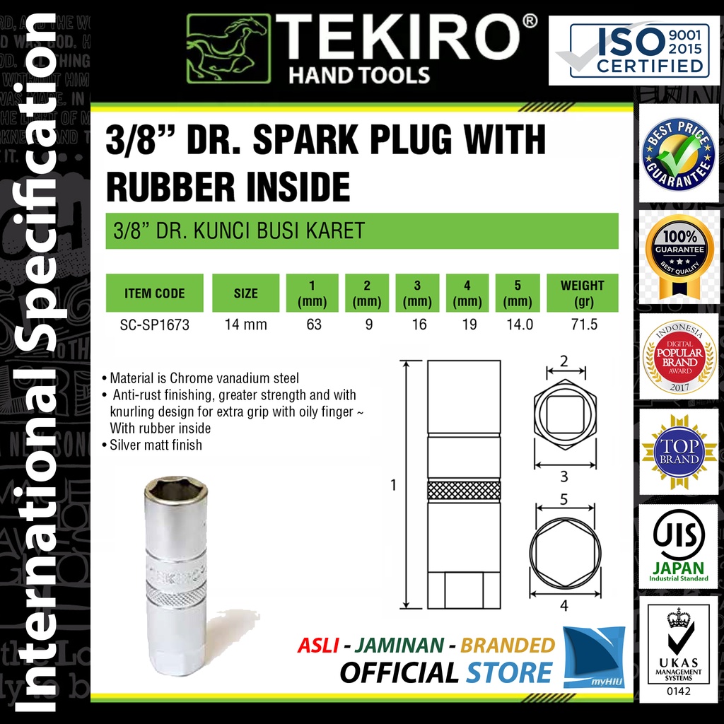 Mata Soket Busi 14 mm Berkaret Gagang Kunci Sock 3/8&quot; inch / Rubberized Spark Plug Socket TEKIRO