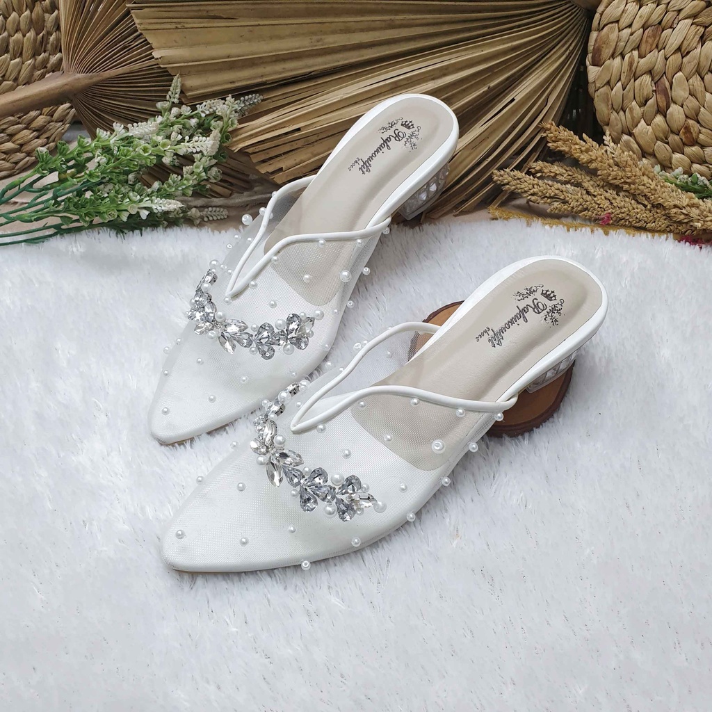 Sepatu wedding pesta cantik Zafia putih transparant hak 3cm kaca