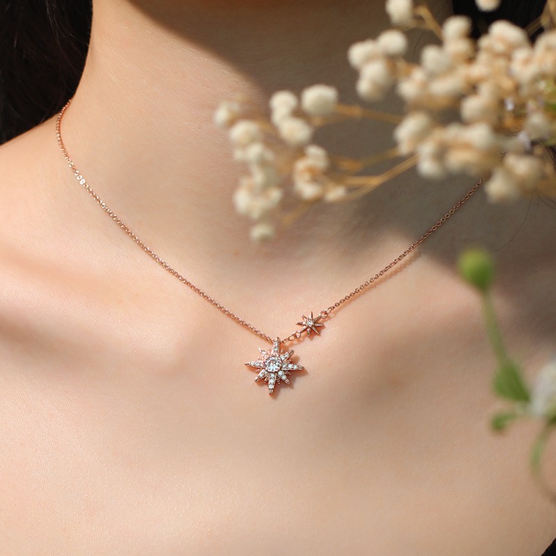 Kalung Rantai Klavikula Pendek Desain Bintang Warna Rose Gold Silver Aksen Zirkon