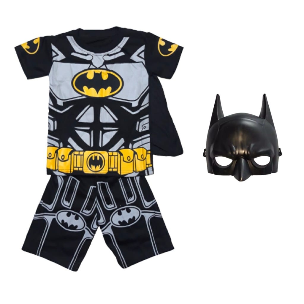 SETELAN BAJU ANAK BATMAN LENGAN PENDEK SAYAP FREE TOPENG