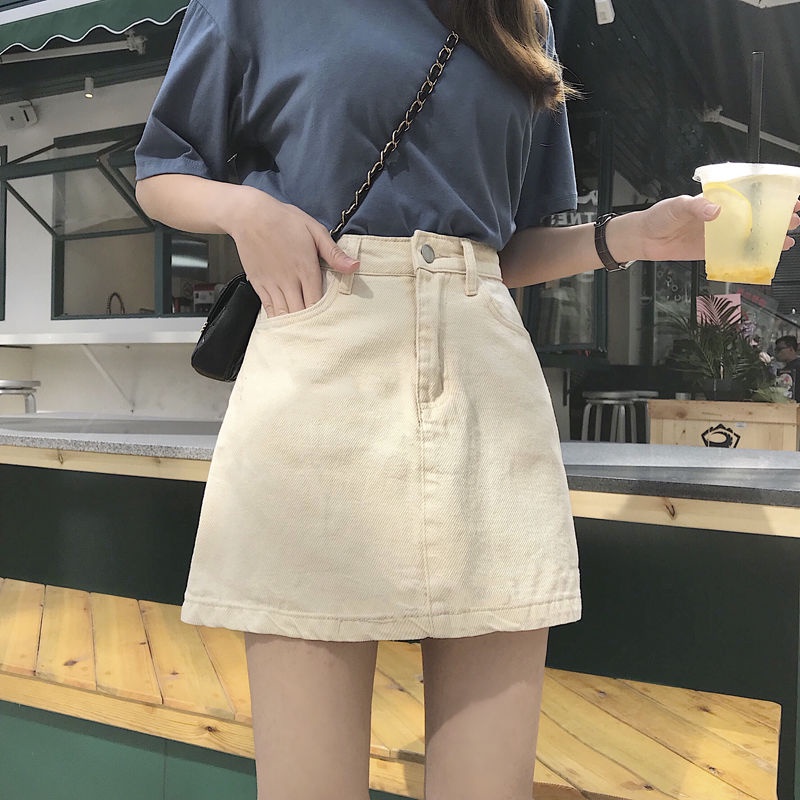 Rok Jeans Pendek A-Line Rok Denim Skirt Pinggang Tinggi Gaya Korea