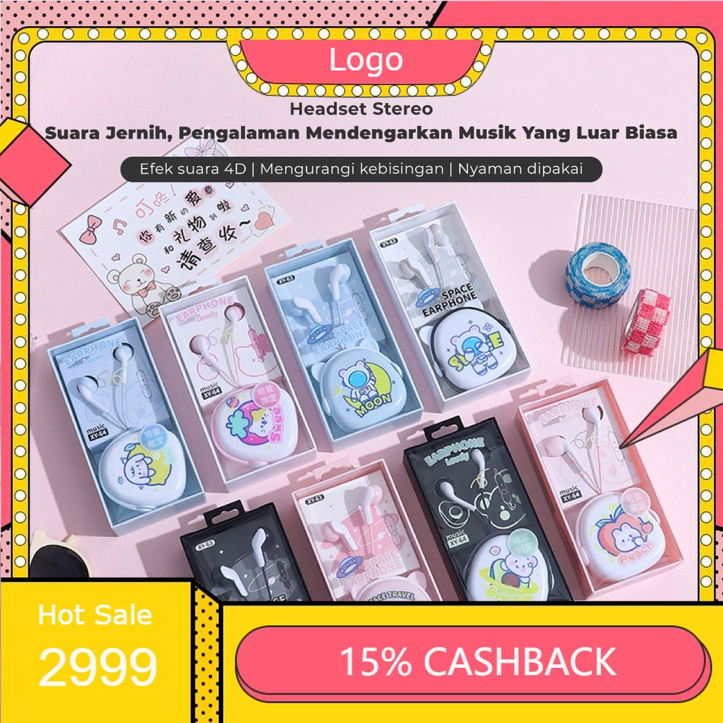 Set Headset Earphone Imut Cute Stereo Reduce Noise 4D Dompet Mini / Wadah Earphone Karakter Lucu Mot
