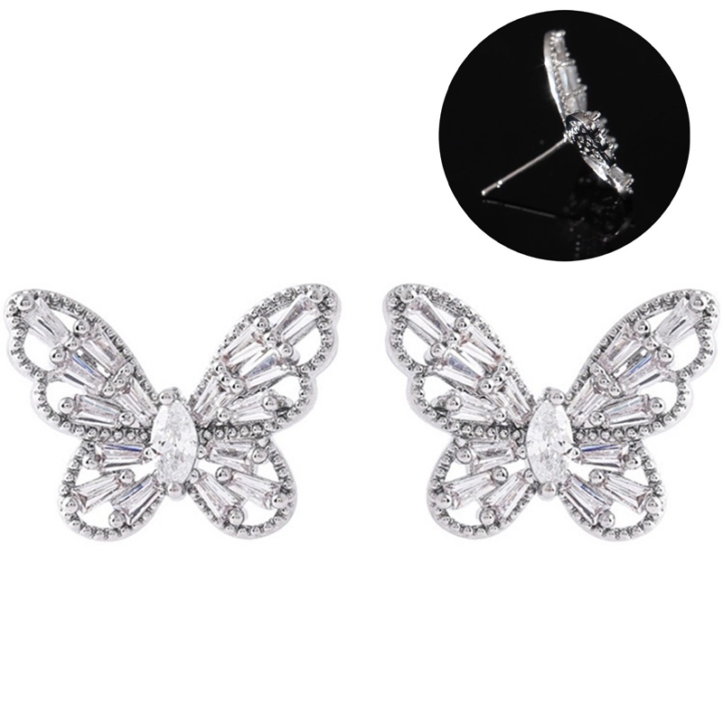 Anting Tusuk Kupu-Kupu Warna Silver Lucu Dengan Batu Zircon Bling Untuk Wanita Fashion Jewelry Anting Korea