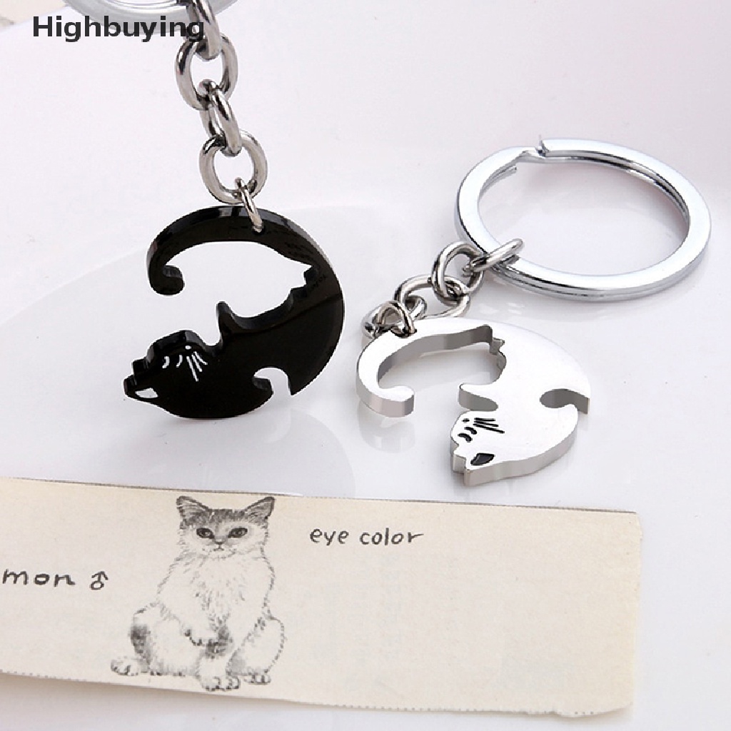 Hbid 1pasang Lucu Kucing Hitam Gantungan Kunci Patchwork Hati Bulat Pasangan Pecinta Keyring Stainless Steel Ransel Kunci Mobil Gantungan Perhiasan Glory