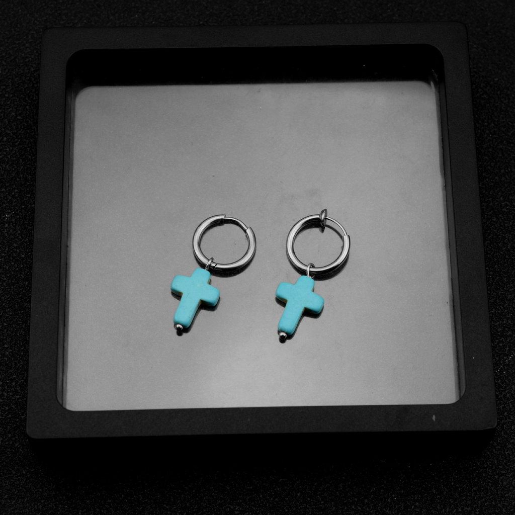 Turquoise Cross Unik Niche Ringan Mewah Baja Titanium Anting Klip Telinga Pria Wanita Earrings