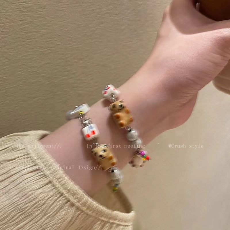 IFYOU Gelang Resin Batu Porselen Lucu Kartun Beruang Hati Mutiara Manik-Manik Gelang Untuk Aksesoris Perhiasan Wanita