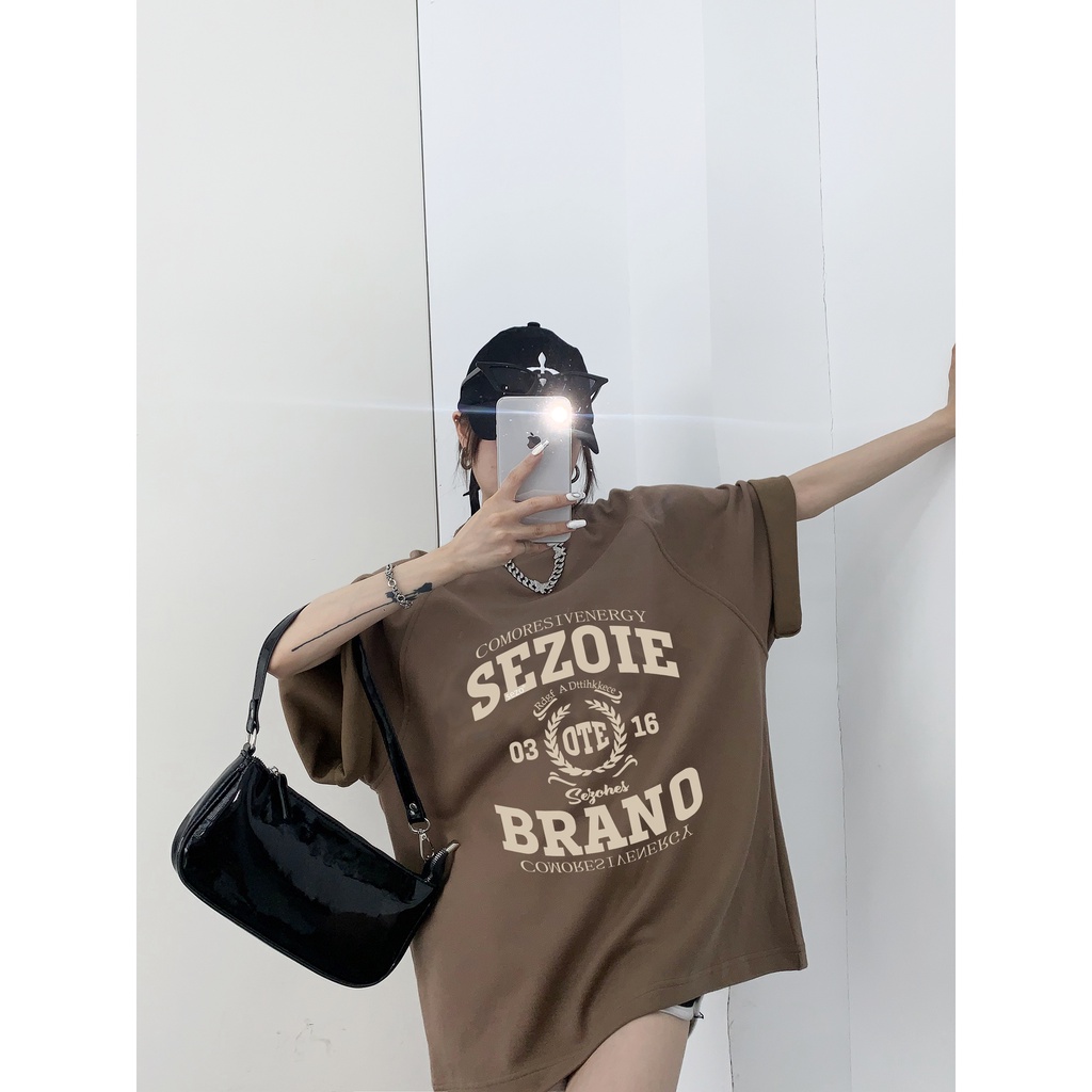 EUNII Brown T-shirt Lengan Pendek Retro English Design Printing Korean Style/Kaos Atasan Wanita/Baju Kaus Oversize Wanita/Kaos Wanita