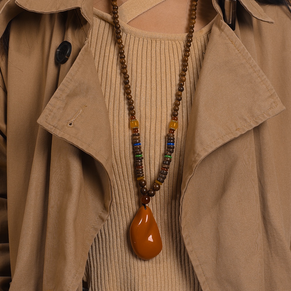 Kalung Klavikula Keberuntungan Cina Elegan Buddha Mala Manik-Manik Kayu Liontin Kalung Pesona Kalung Panjang Retro Wanita Pria Buatan Tangan Perhiasan Aksesoris Sweater Sederhana Pesona Kalung