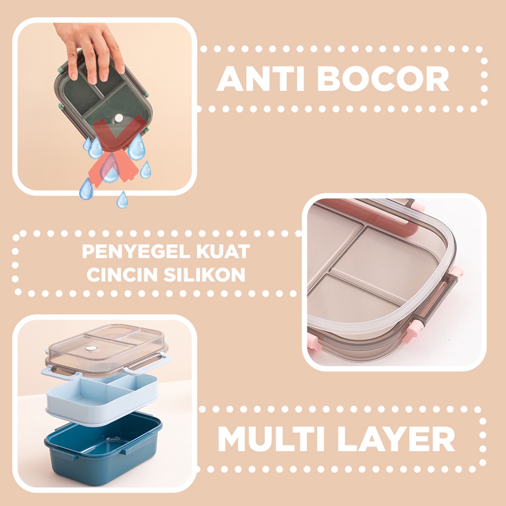 2IN1 KOTAK MAKAN SET !!! Tempat Makan 2 Tingkat 3 Sekat Anti Tumpah I Lunch Box Susun Free Sendok Garpu Portable I BPA Free