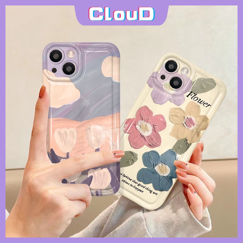 IPHONE Lukisan Cat Minyak Bunga Shockproof Airbag Case Kompatibel Untuk Iphone6 7plus11 13 14 12 Pro Max X XR XS Max 6s 8plus SE 2020 Art Fresh Flower Tulips Back Soft TPU Phone Cover