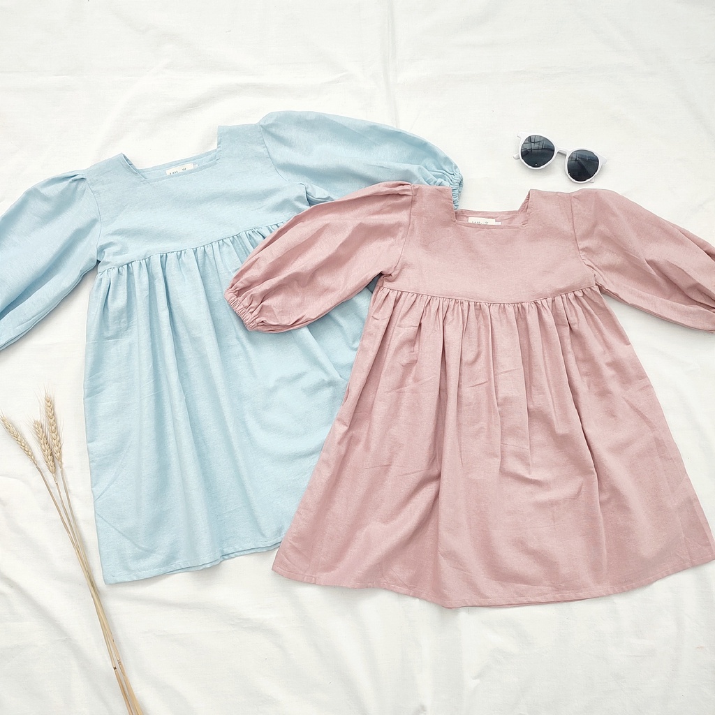 Littlepopy YUMI Basic Dress - Baju Linen Korea Anak Perempuan Tunik Lengan Panjang