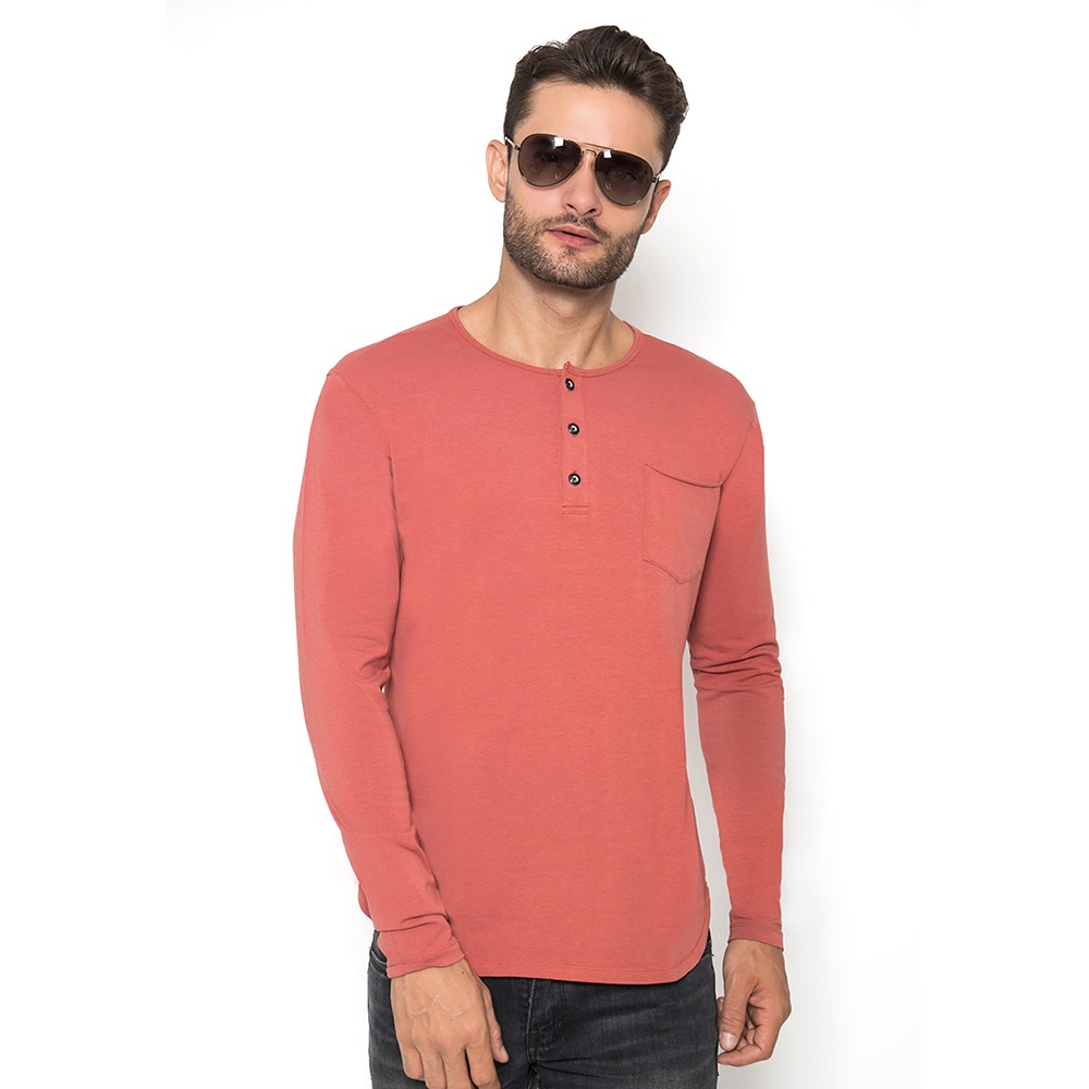 Johnwin - Kaos The One - Placket - Longline Spandex - Merah Bata - Lengan Panjang - FTS.629.M006.07.