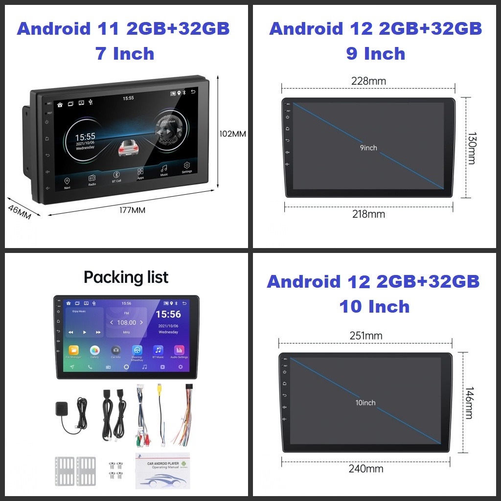Head Unit Android 12 11 Double Din 7 Inci 9 Inchi 10 Inch RAM 2GB+32GB ROM Wifi GPS Bluetooth Touchscreen Audio Mobil