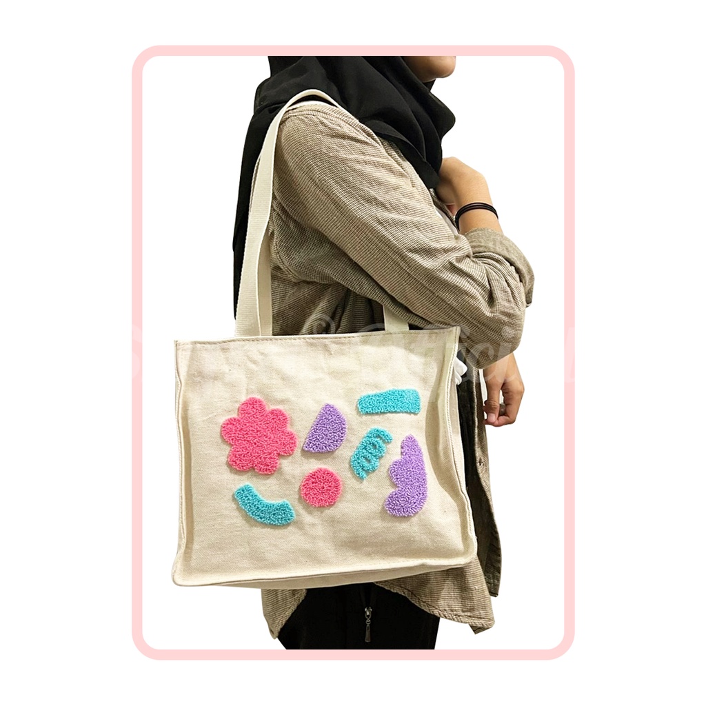 Shifra Tas Pundak Shoulder Bag Kanvas Wanita Sulam Embroidery Hitam Putih
