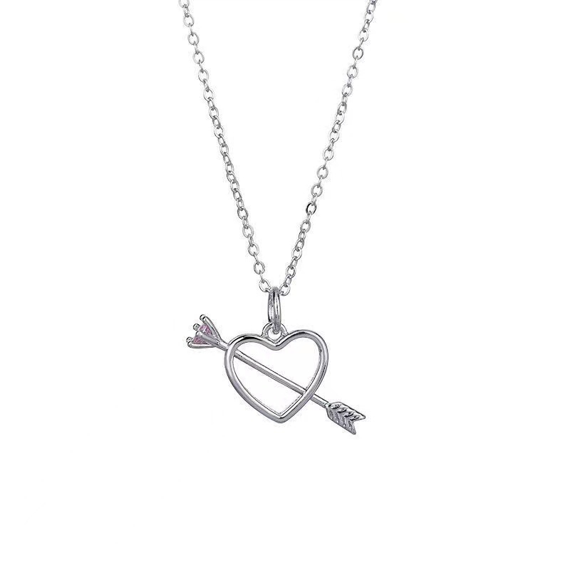 IFYOU Fashion Satu-arrow Pierce Heart Necklace Pink Crystal Hollow-out Rantai Perak Choker Untuk Aksesoris Perhiasan Wanita