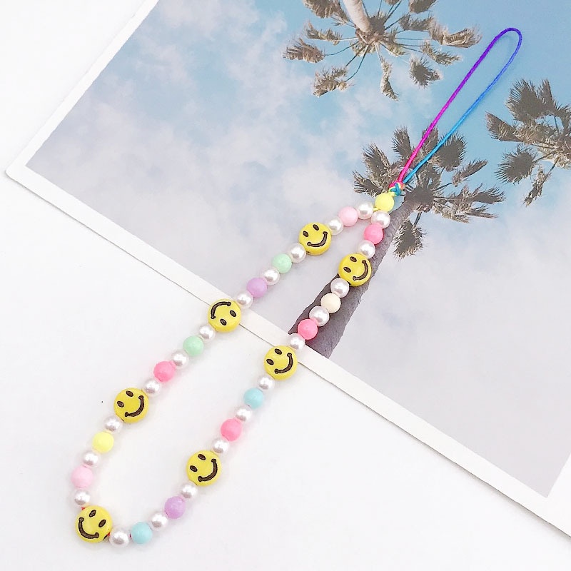 Smile Face Soft Clay Candy Color Rice Beads Chain Dengan Mutiara Tali Telepon Anti Hilang Untuk iPhone Android OPPO VIVO Huawei Xiaomi Redmi Samsung Semua Ponsel Earphone Cases