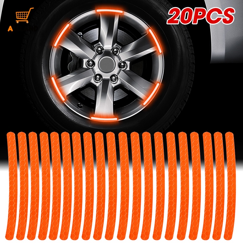 20pcs/set Car Wheel Hub Self-adhesive Reflektif Stiker/Pelek Motor Malam Bersinar Strip Peringatan Keselamatan/DIY Kendaraan Dekoratif Decal