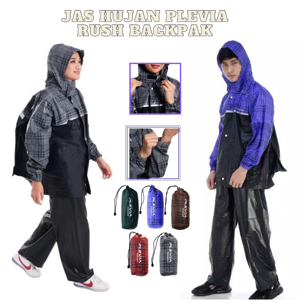 Jas Hujan Setelan Baju Celana Pria Wanita Dewasa Plevia Rush Back Pack Kotak Kotak Ruang Tas Punggung Belakang