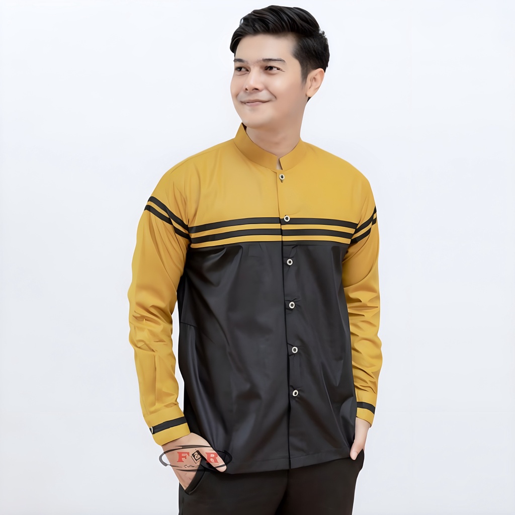 F&R Baju Koko Pria Syubbanul Muslim Lengan Panjang Kombinasi Warna Kuning