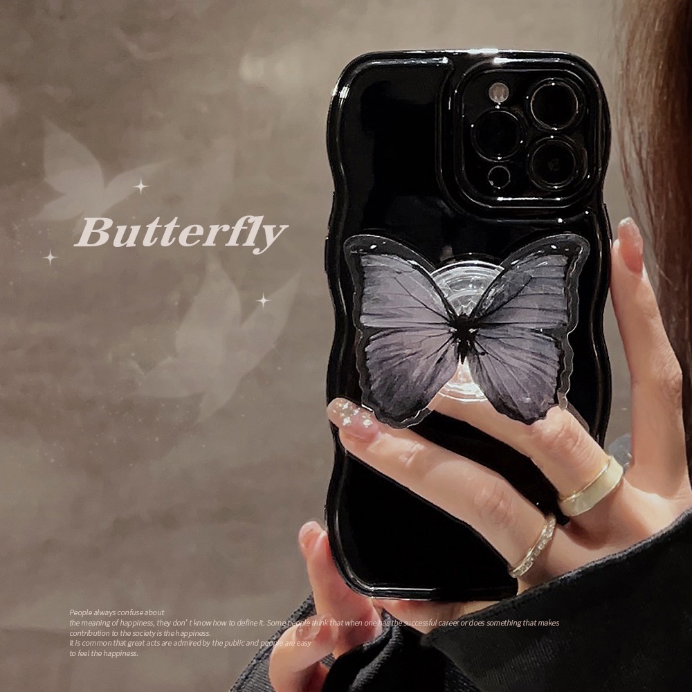 IPHONE Ins Hitam Simple Wavy Edges Silicone Case Dengan Butterfly Holder Untuk Iphone14 11 12 13 PRO MAX Casing Cover Pelindung AT0060