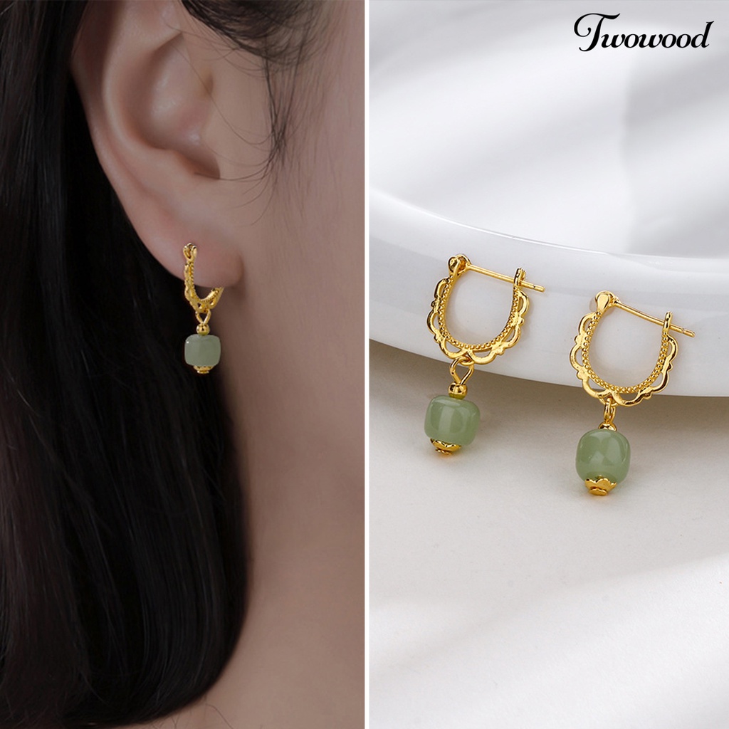 Twowood 1Pc Menjuntai Anting Gaya Cina Warna Emas Elegan Peri Hadiah Hypoallergenic Retro Faux Hetian Jade Drop Earring Perhiasan Aksesoris