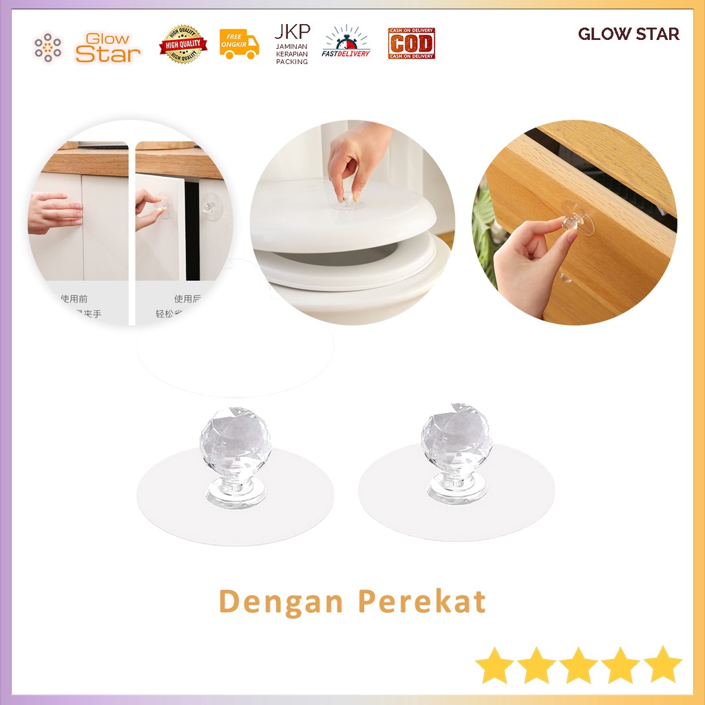 2 PCS Gagang Pintu Tempel dengan perekat Elegan Transparan Premium Lemari Cabinet Door Knob Handle Gantungan Tas kunci