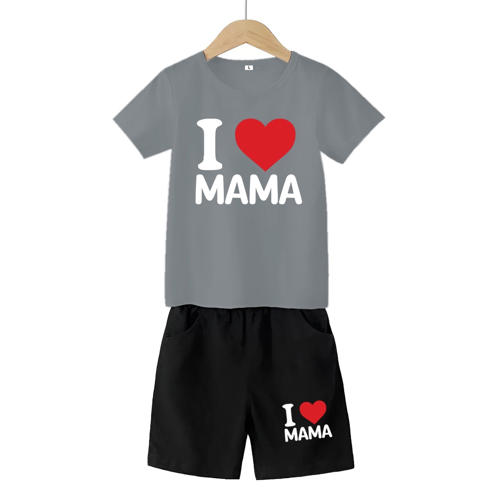 Baju Stelan 3/4 Anak Love Mom Cowok Cewek  Usia 1 - 4 Tahun Celana Pendek Harian