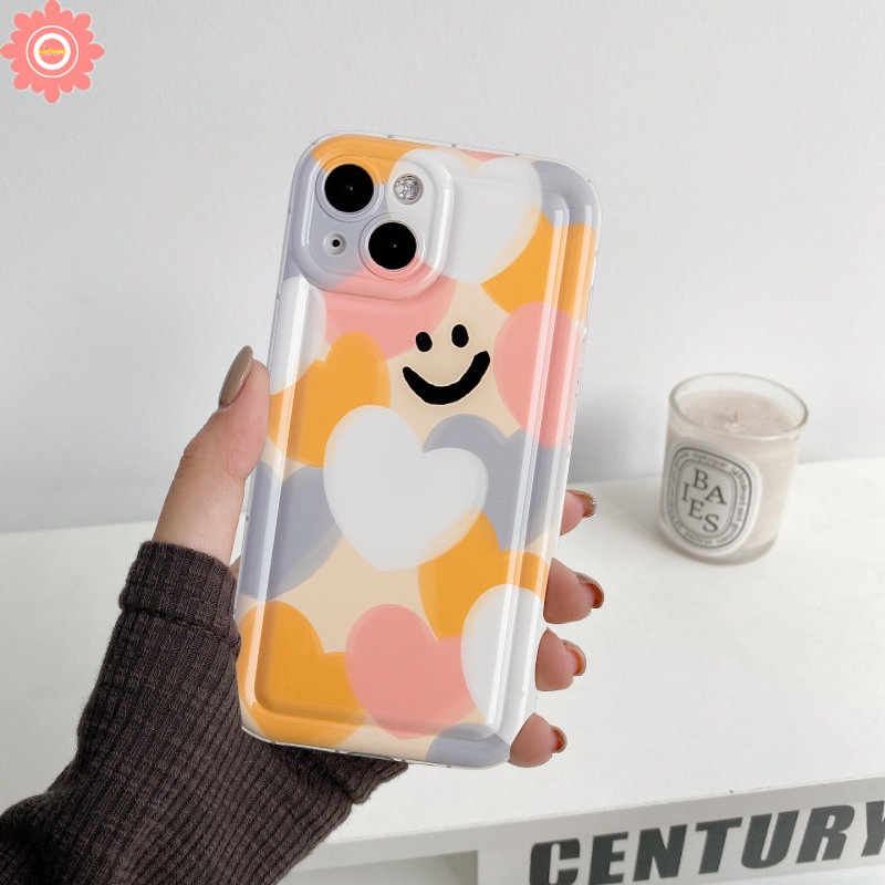IPHONE Kartun Smiley Case Kompatibel Untuk Iphone11 14 13 12 Pro MAX 6 6S 7 8 Plus XR X XS MAX Warna-Warni Cinta Hati Pelindung Kamera Lembut TPU Silicon Shockproof Airbag Penutup Belakang