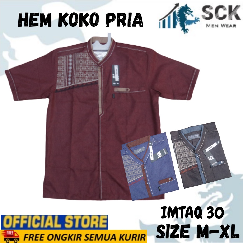 Hem Koko Pria IMTAQ 30 BARU / Kemeja Lengan Pendek Motif Bordir Katun Warna / Pakaian Muslim Cowok - sckmenwear GROSIR