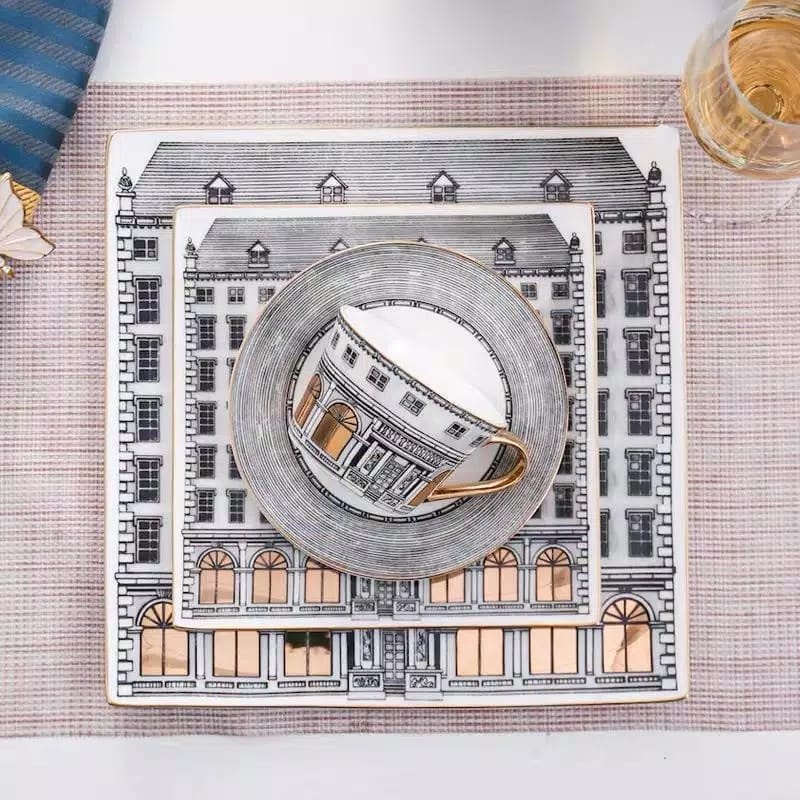 piring makan keramik premium set dengan cangkir dan saucer tea set and plates Vintage city