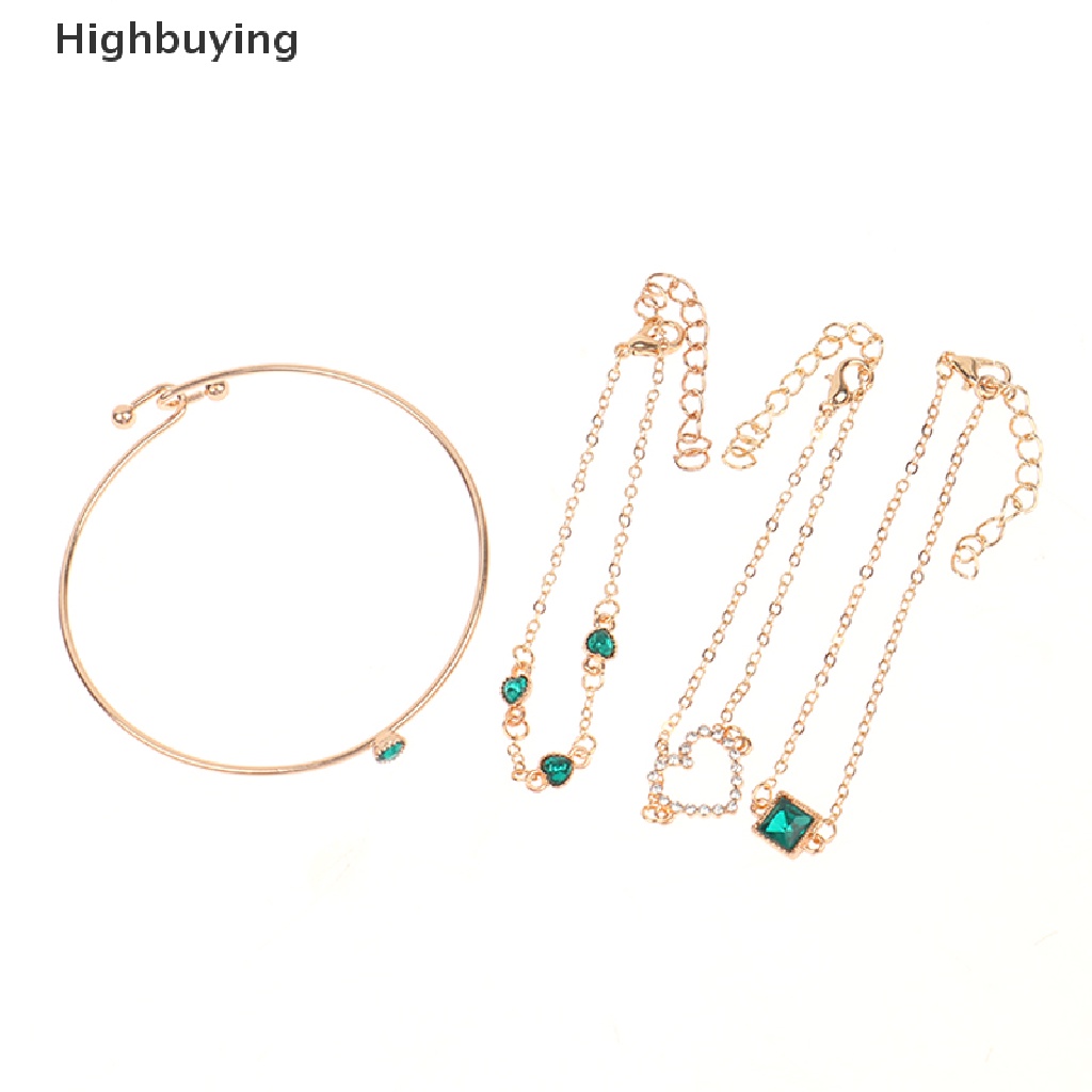 Hbid 4Pcs/Set Tergabung Batu Permata Hijau Gelang Set Perhiasan Untuk Wanita Gadis Jantung Gelang Pernikahan Pertunangan Gelang Fashion Pesta Perhiasan Hadiah Glory