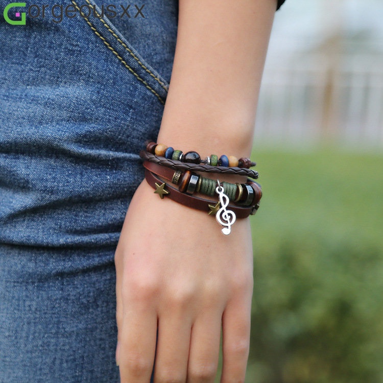 Boho Gypsy Hippie Desain Kulit Coklat Bintang G Clef Logam Charms Tombol Kayu Manik-Manik Bungkus Unisex Adjustable Gelang