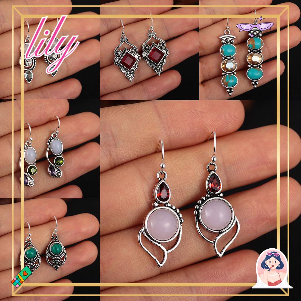 Lily 1pasang Moonstone Anting Pesona Hadiah Kait Vintage Perhiasan Pertunangan Pernikahan Turquoise