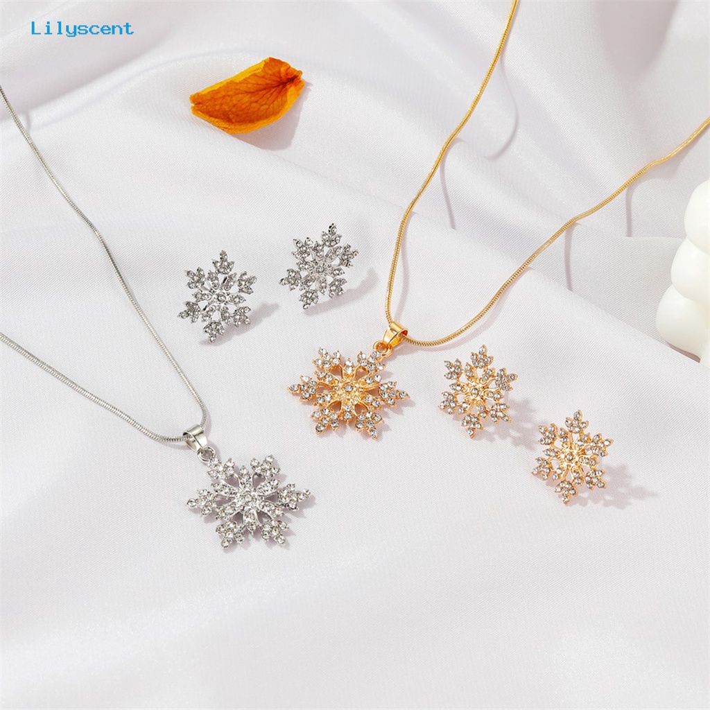 [LS] 1set Ear Studs Glitter Anti Alergi Elegan Temperamen Bentuk Snowflake Berlian Imitasi Anting Kalung Perhiasan Aksesori