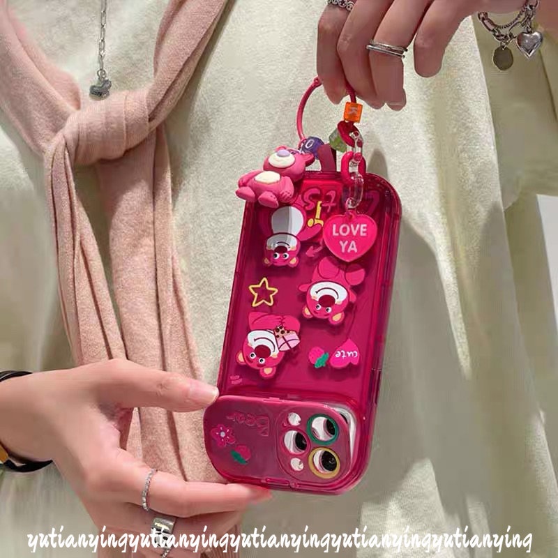 IPHONE Rose Red Cute Kartun Strawberry Bear Manyo Case Kompatibel Untuk Iphone11 13 12 14 Pro Max7 8 14 Plus XR XS MAX X SE Kreatif Flip Make Up Cermin Telepon Soft TPU Silicon Case