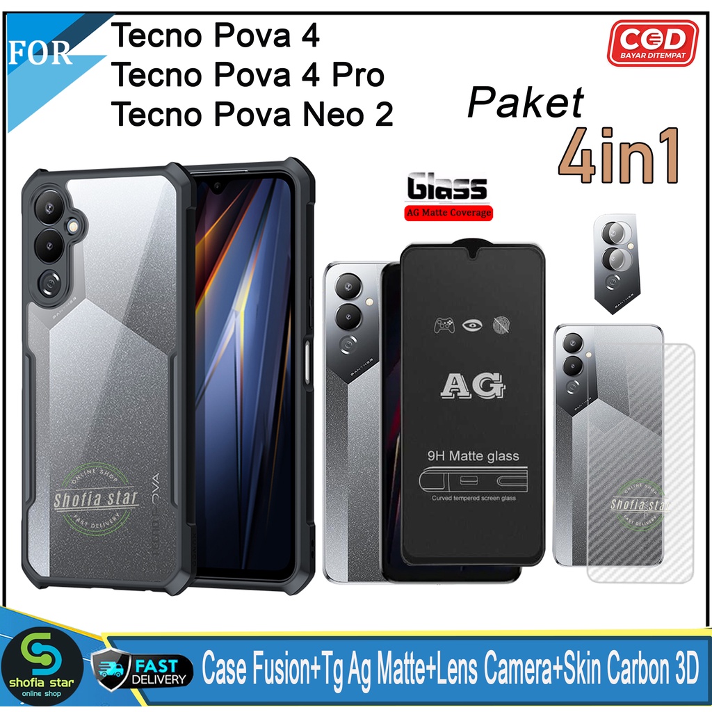 Paket 4in1 Case Tecno Pova 4 Pova 4 Pro Pova Neo 2 Pova 3 Pova 2 Softcase Fusion Shockproof Transparan Protect Casing