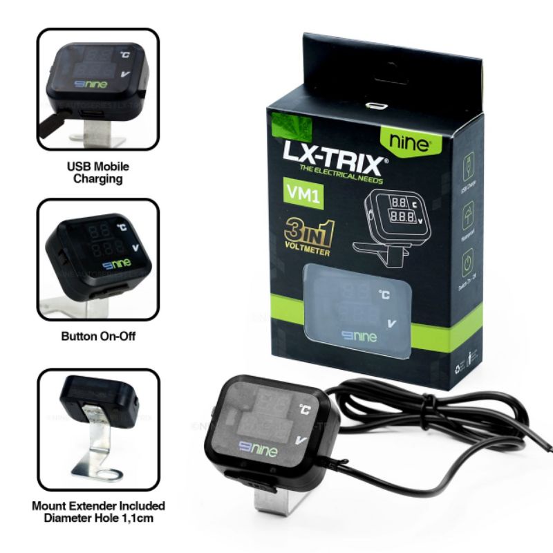 NINE VOLMETER VM1 SPION 3 IN 1 USB CHARGER VOLMETER, USB, SUHU UNINERSAL WATERPROOF MOTOR MOBIL