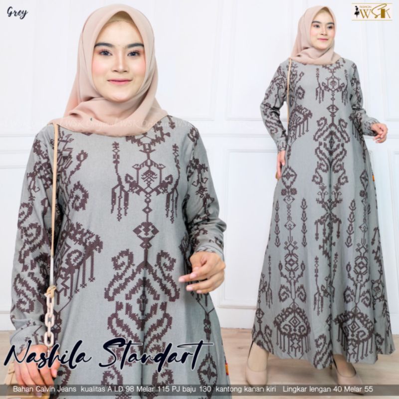 NASHILA DRESS ORI WSK GAMIS WANITA TERBARU MODERN KEKINIAN MOTIF PRINTING ETNIK CALVIN JEANS MAXI JU