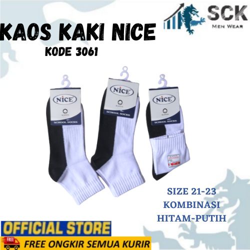 Kaos Kaki Sekolah NICE 3061 Polos Hitam Putih Casual / Kaus Kaki Sekolah SD SMP NICE 3061