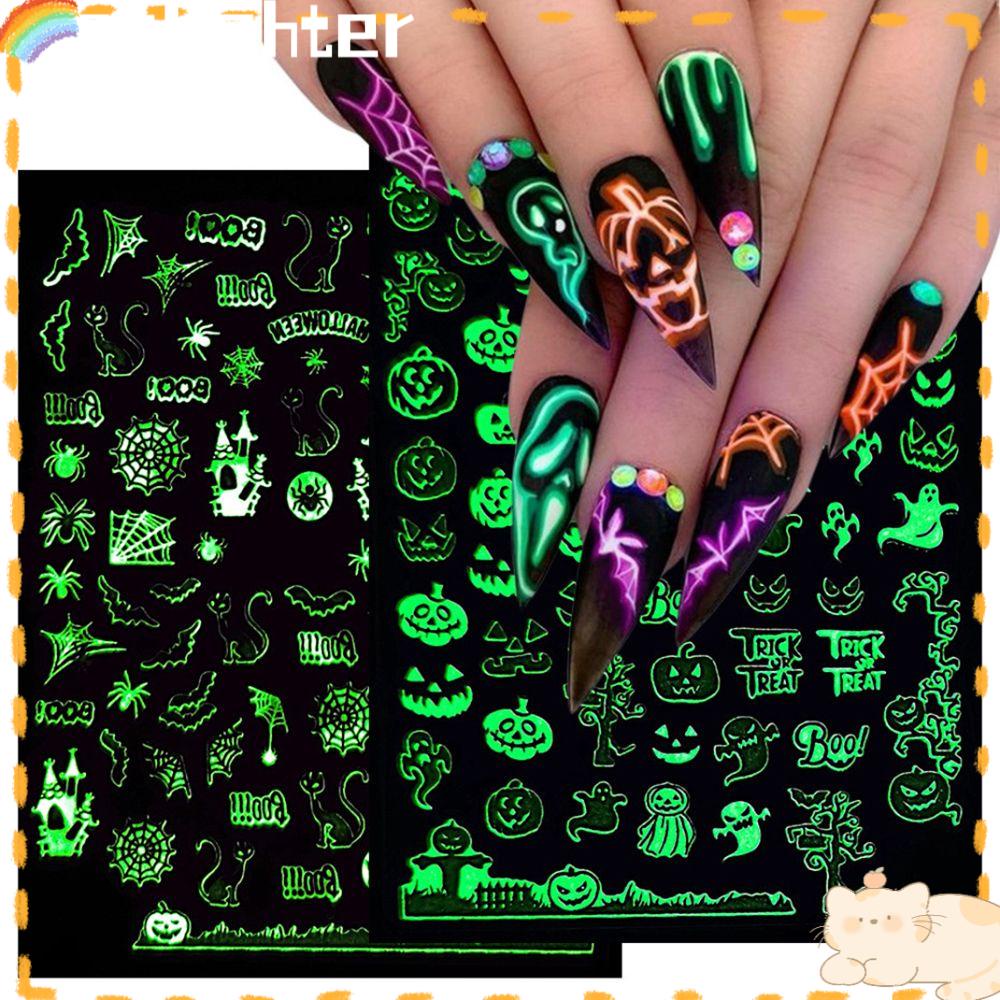 Solighter Halloween Stiker Kuku Perekat Spider Web Tengkorak Labu Sliders Decals Glow In The Dark
