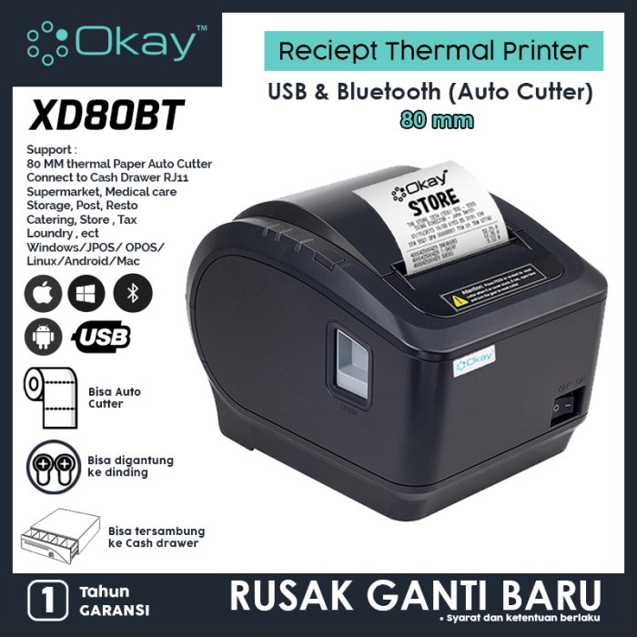 Printer Bluetooth Thermal 80Mm Reciept Pos Ppob Kasir Okay Xd80Bt