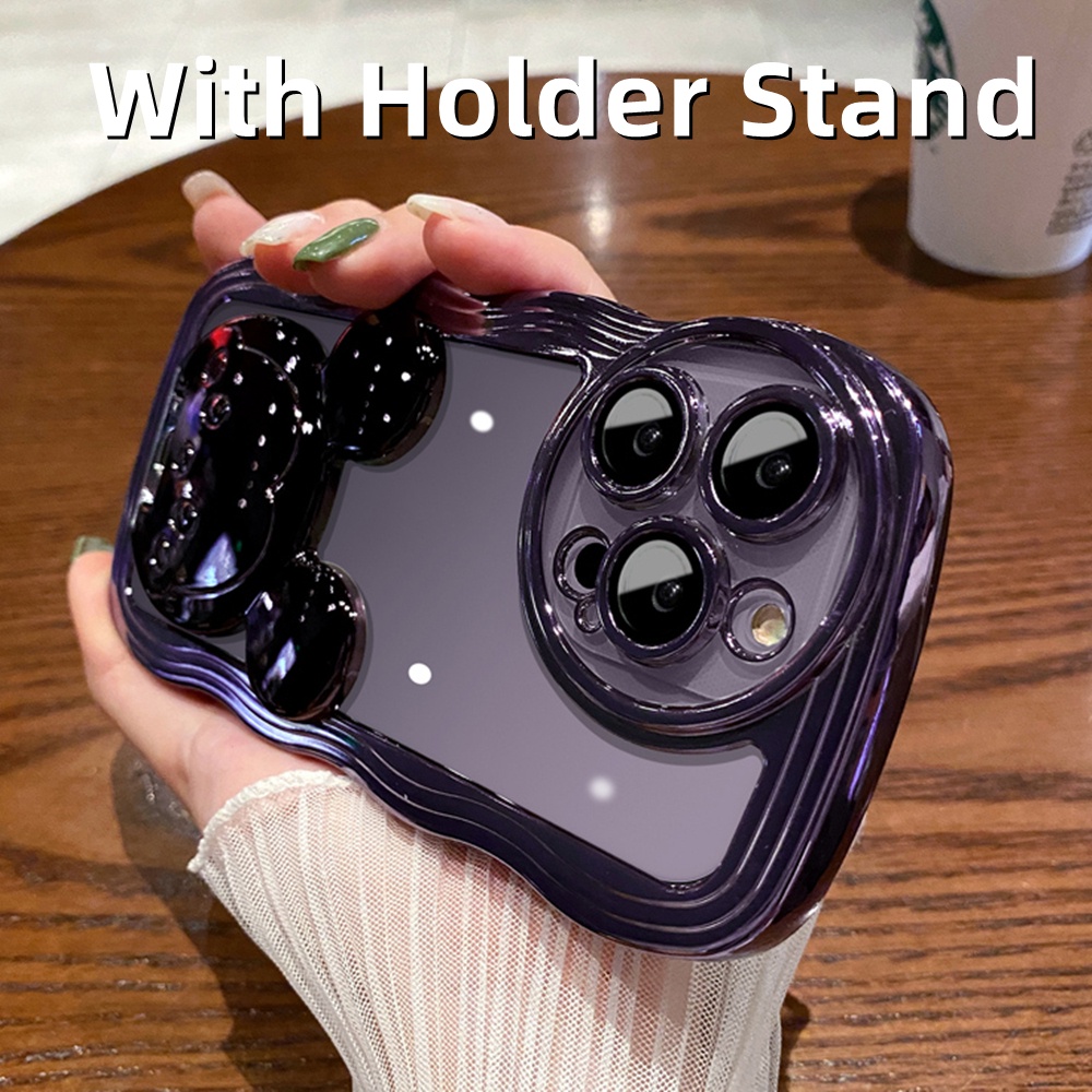 IPHONE Luxury Plating 3D Micke Stand Holder Phone Case Untuk Iphone14Plus12 13 14 Pro Max Soft Silicone Case Kickstand Casing Bening