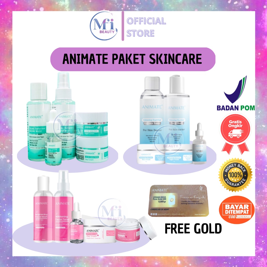 MFI - PAKET SKINCARE BY ANIMATE INSTANT WHITENING SERIES 5in1 - ANIMATE PAKET GLOWING BARIER - ANIMATE PAKET ACNE SOLUTION