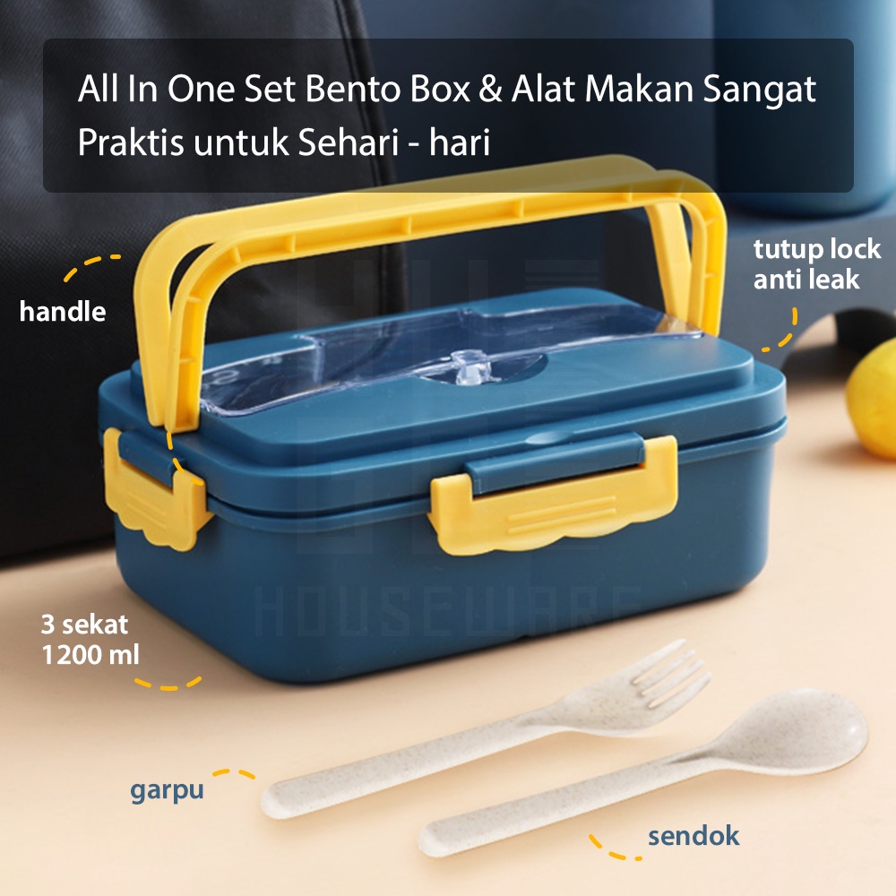 HUGO Lunchbox Jerami Kotak Bekal Makan Siang Tempat Makan 1200 ml Anti Tumpah Free Alat Makan