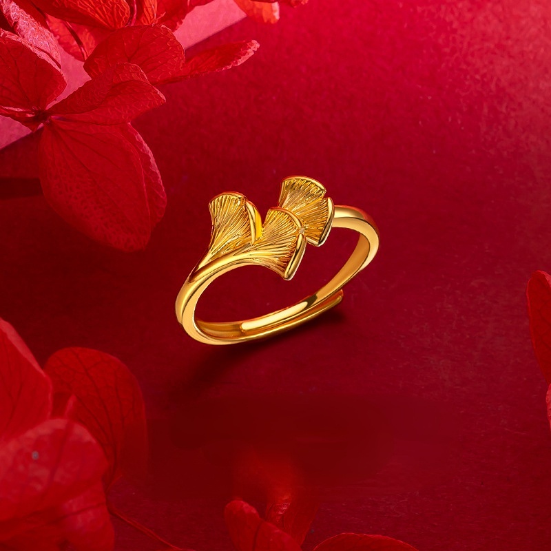 Goldkingdom Perhiasan Fashion 24 K Bangkok Aksesoris Ready Stock Segar Sansheng Beruntung Ginkgo Cincin Berlapis Emas Canggih Rasa Yang Dapat Disesuaikan Wanita RingFresh Sansheng Lucky Ginkgo Ring