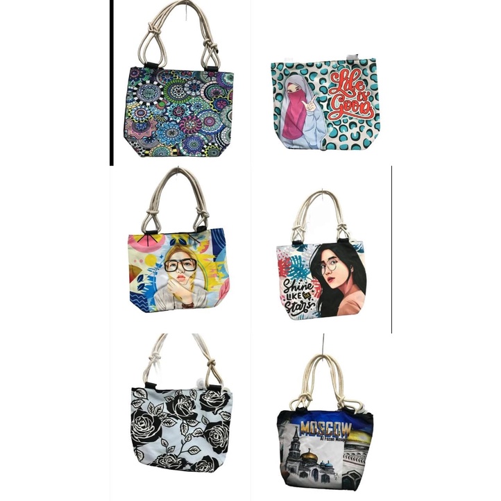 Tas Tote Bag Tali Sumbu / Tali Tambang / Tote Bag Karakter Hijab Canvas Murah Lucu