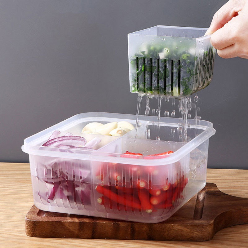 Empat Girds Design Draining Case Buah Sayur Fresh-keeping Box Snack Bumbu Sub-Packed Boxes Sealed Berpendingin Wadah Makanan Alat Penyimpanan Dapur Ramah Lingkungan