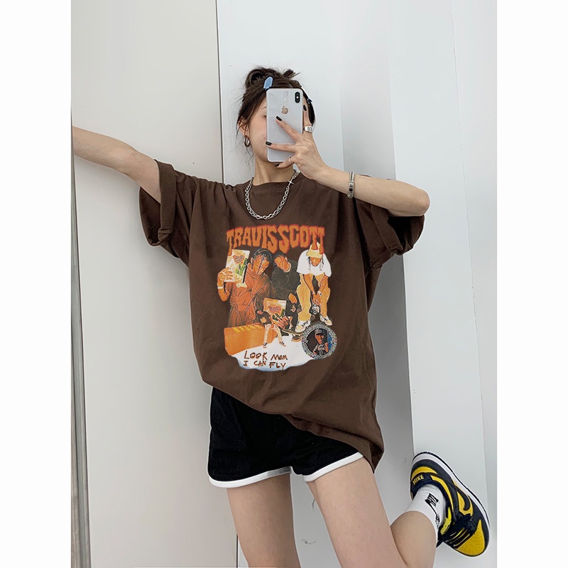 EUNII Brown T-shirt Lengan Pendek Retro Hip Hop Boy Printing Korean Style/Kaos Atasan Wanita/Baju Kaus Oversize Wanita/Kaos Wanita