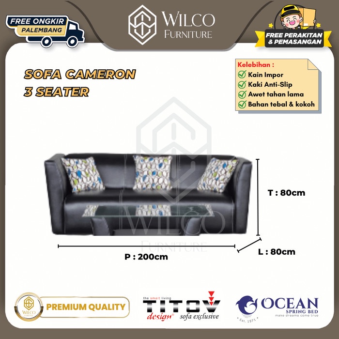 Sofa Titov 3 Dudukan 200 cm / Sofa 3 Seater Cameron Hitam Palembang - Meja Aja